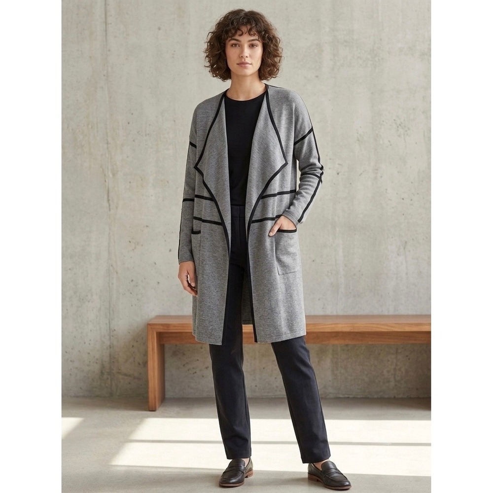 Eileen Fisher Merino Wool Long Cardigan Grey Black Open Front Sweater Small